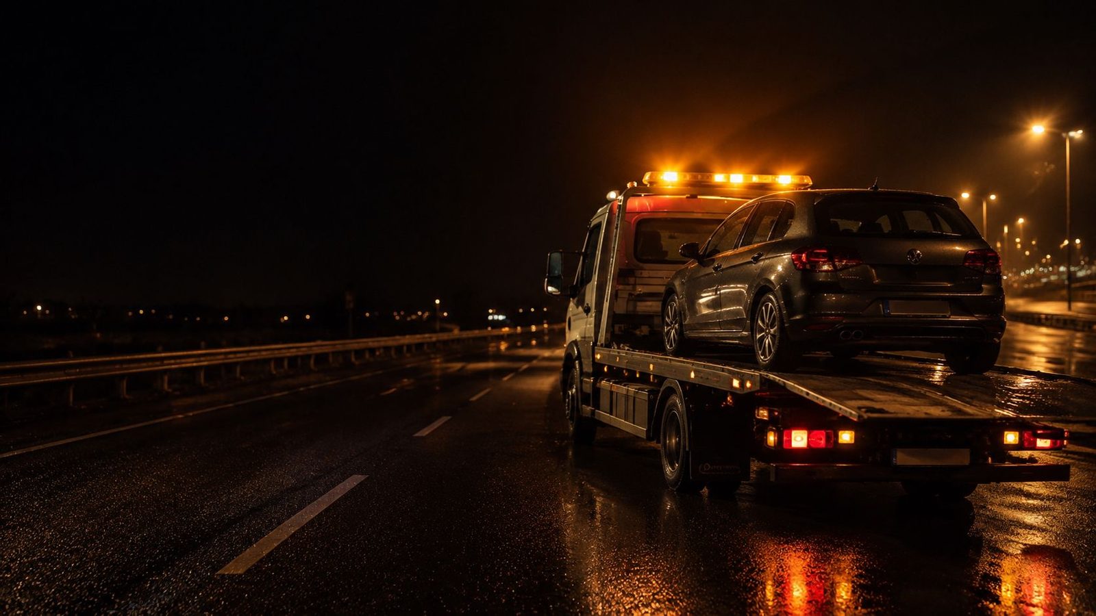 Flatbed tow truck with a car loaded on the back, running at night with its amber lights on