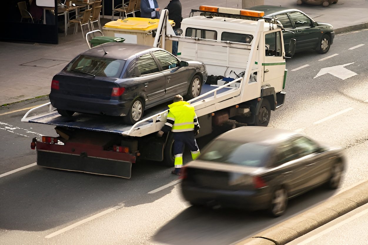 Driver in a safety vest loading a car onto a flatbed after an accident